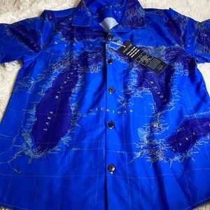 Michigan-Great Lakes Map Button Down Shirt-New-M